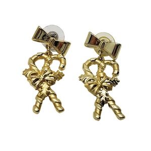 Vintage Candy Cane Christmas Dangle Earrings Gold Tone